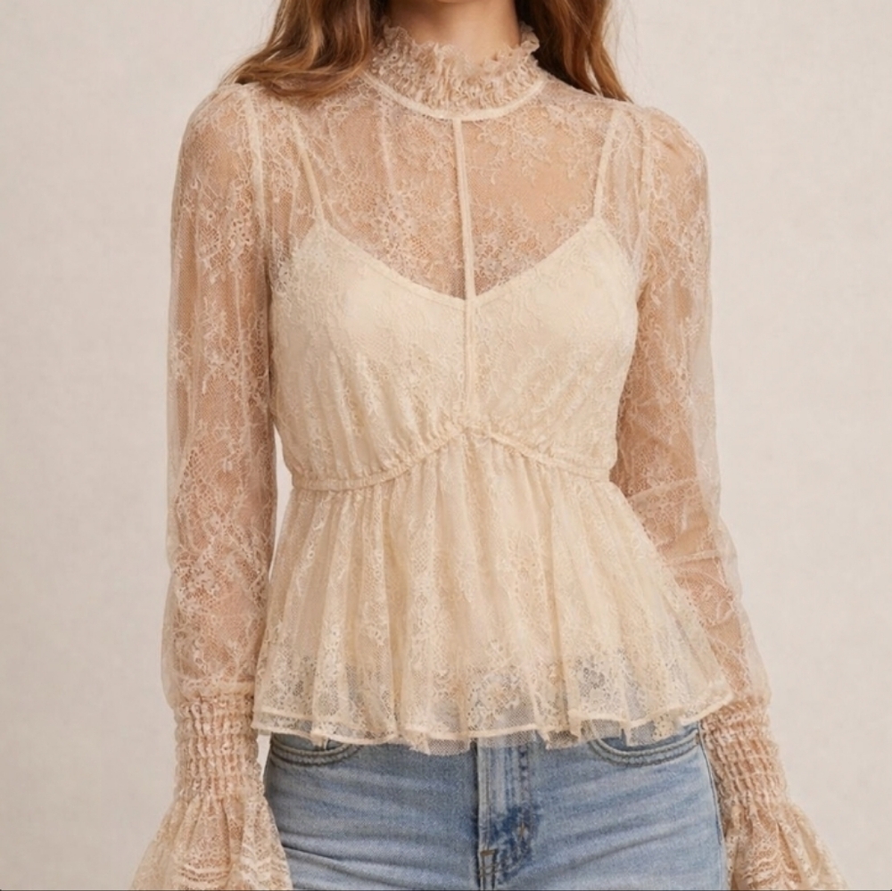 Intermix Lace Women Long Sleeve Peasent Whimsical  Tan Size Small